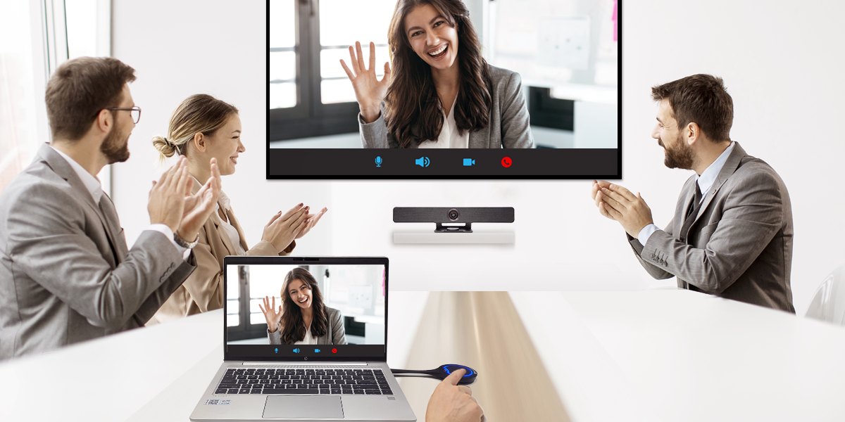 Reunión híbrida con video bar y presentación inalámbrica