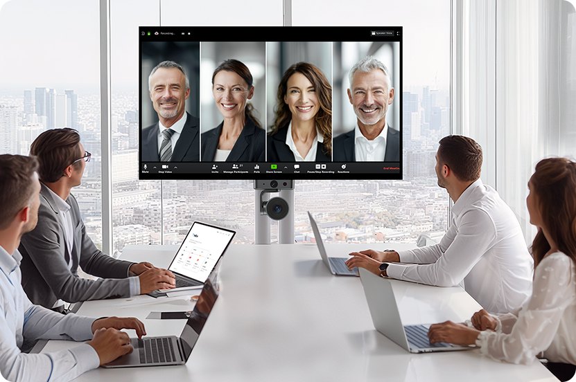 Sala de reuniones con videollamada en pantalla grande